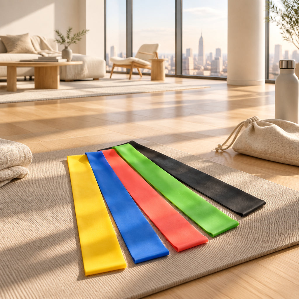 Set of colorful resistance bands on a white background