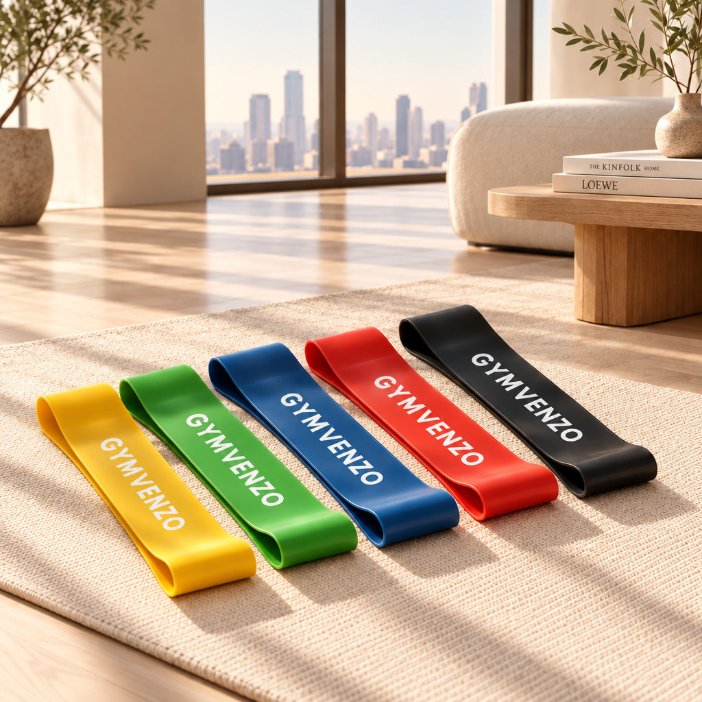 Five resistance bands with different levels for strength and fitness training