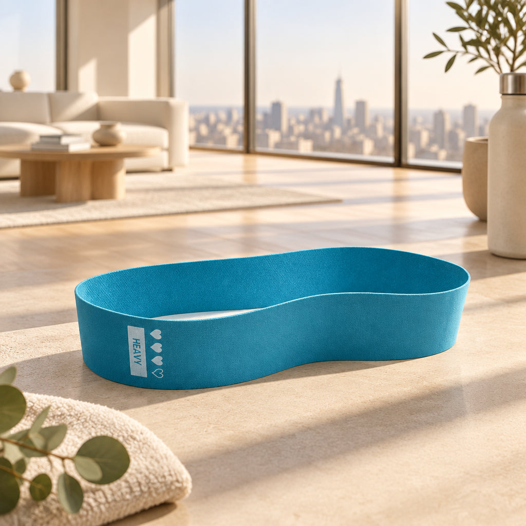 blue resistance band with a label indicating 'Heavy' and text about non-slip internal structure on a white background.
