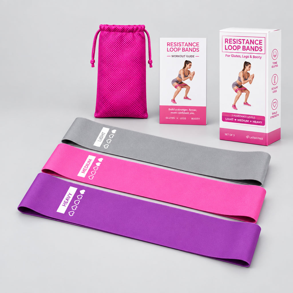 Resistance bands with packaging on a white background