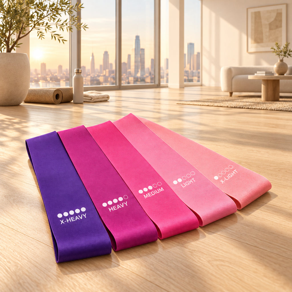 Resistance bands in purple, pink, and red shown alongside a model wearing gray leggings with a pink band around the hip, plus a folded product inset showing the bands.