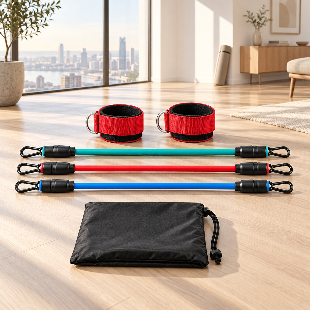 Resistance band set arranged on a light wood floor in a bright modern room, including two red wrist cuffs, three resistance tubes in teal, red, and blue, and a black drawstring storage pouch.