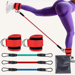 Resistance bands with handles and anchors, shown with a person using them.