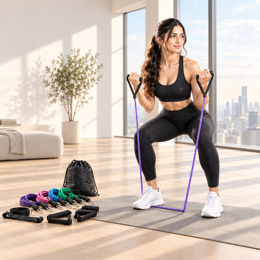 A woman in a black sports bra and leggings does a squat while pulling a purple resistance band, with various fitness bands and a drawstring bag laid out on a mat in a bright gym.