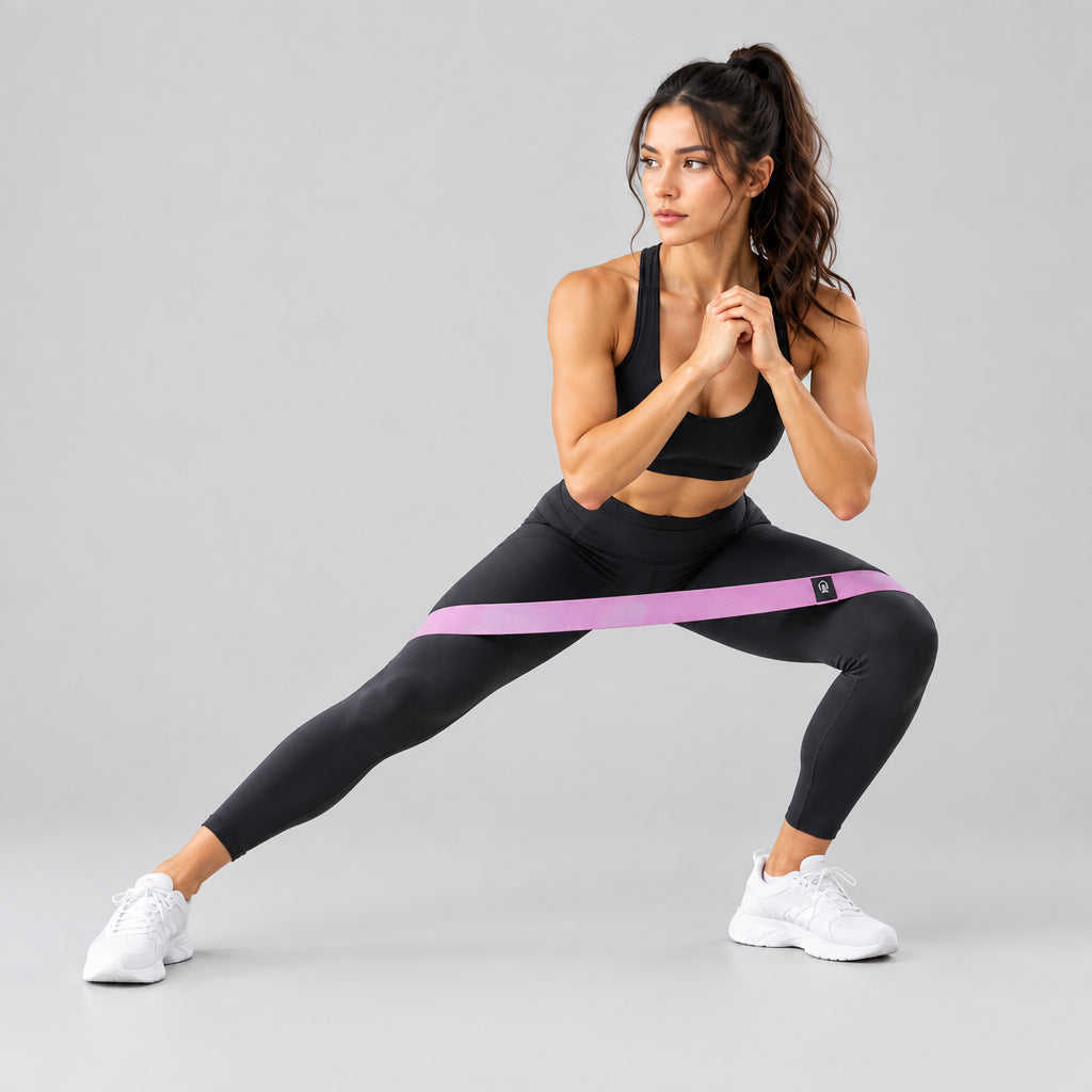 A woman in a black sports bra and leggings does a lunge exercise in a bright, modern gym while wearing a purple resistance band around her legs. A black drawstring bag and a set of colorful resistance bands are on the floor beside her.