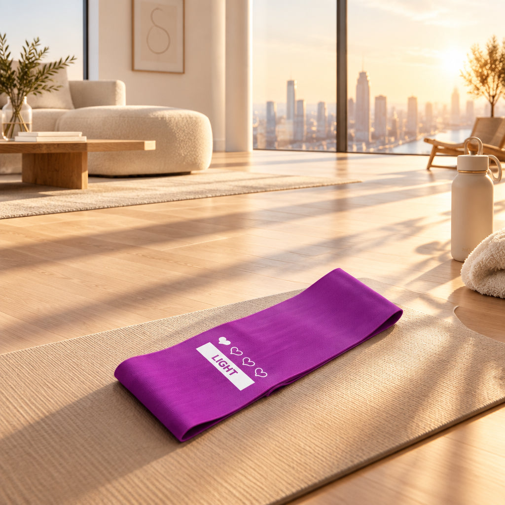 Purple resistance band with 'Light' label on a white background