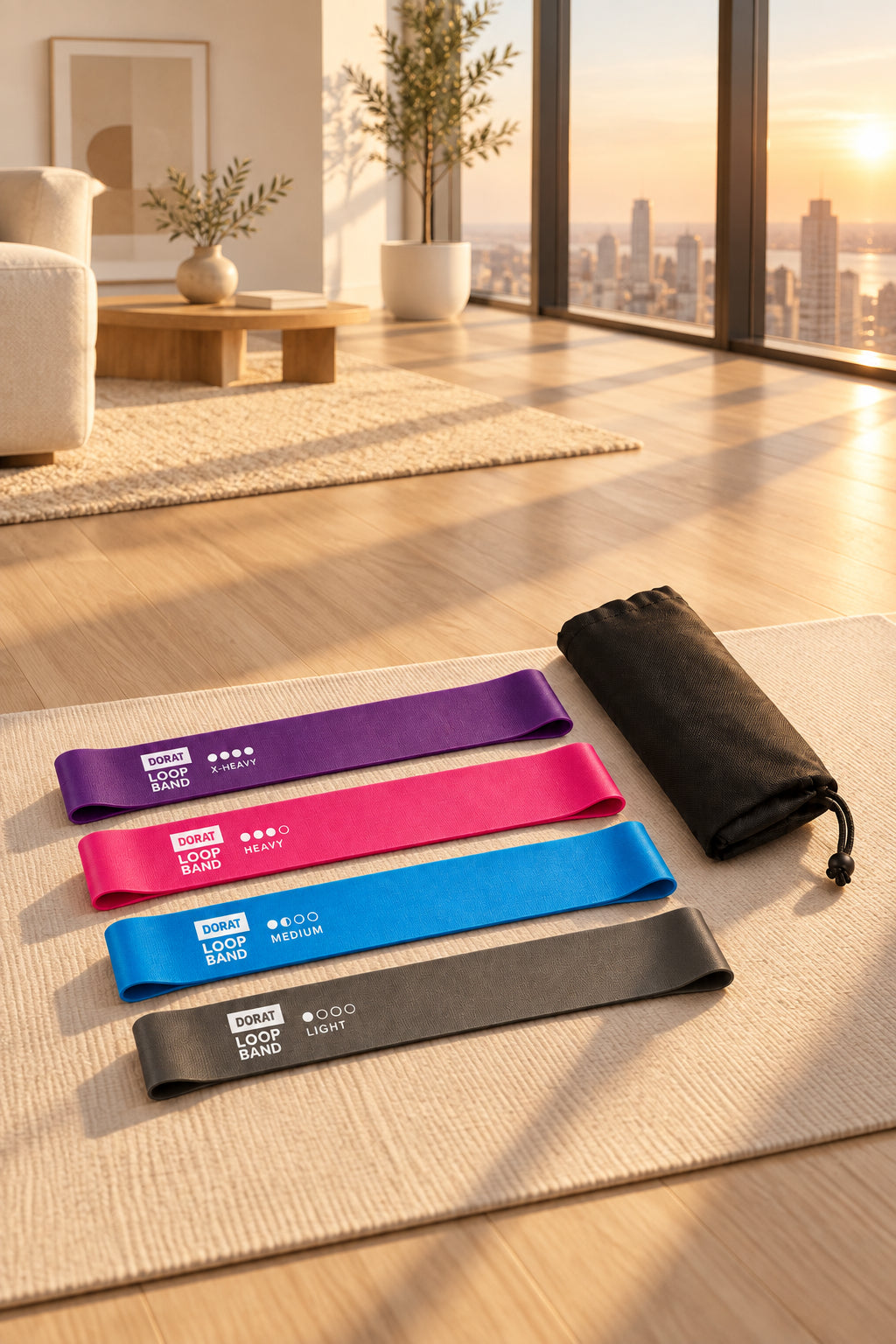 A woman in a black athletic outfit does a squat in a bright room while wearing a pink resistance band around her legs. In the foreground on a yoga mat are four color-coded resistance bands in gray, purple, pink, and blue, with a black drawstring pouch beside them.