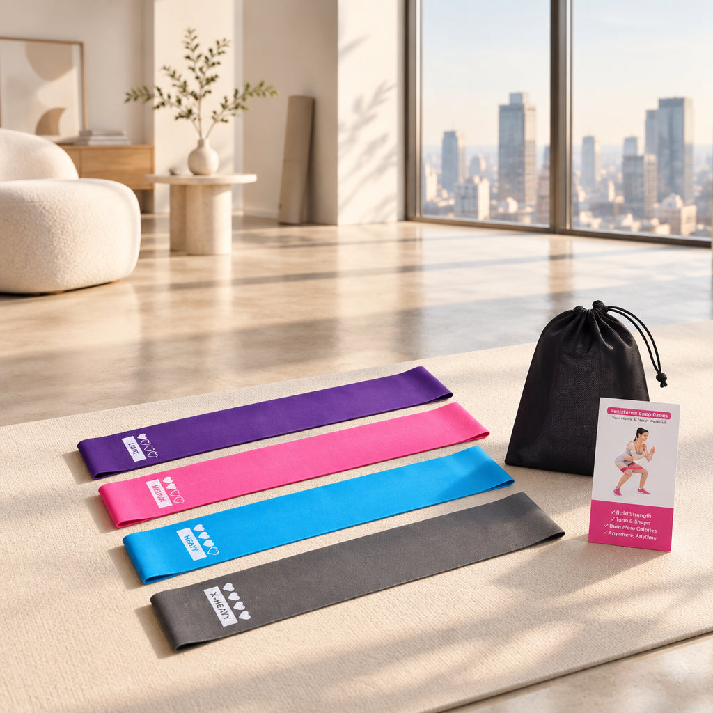 Set of resistance bands in purple, pink, blue, and gray with a carrying bag on a white background.