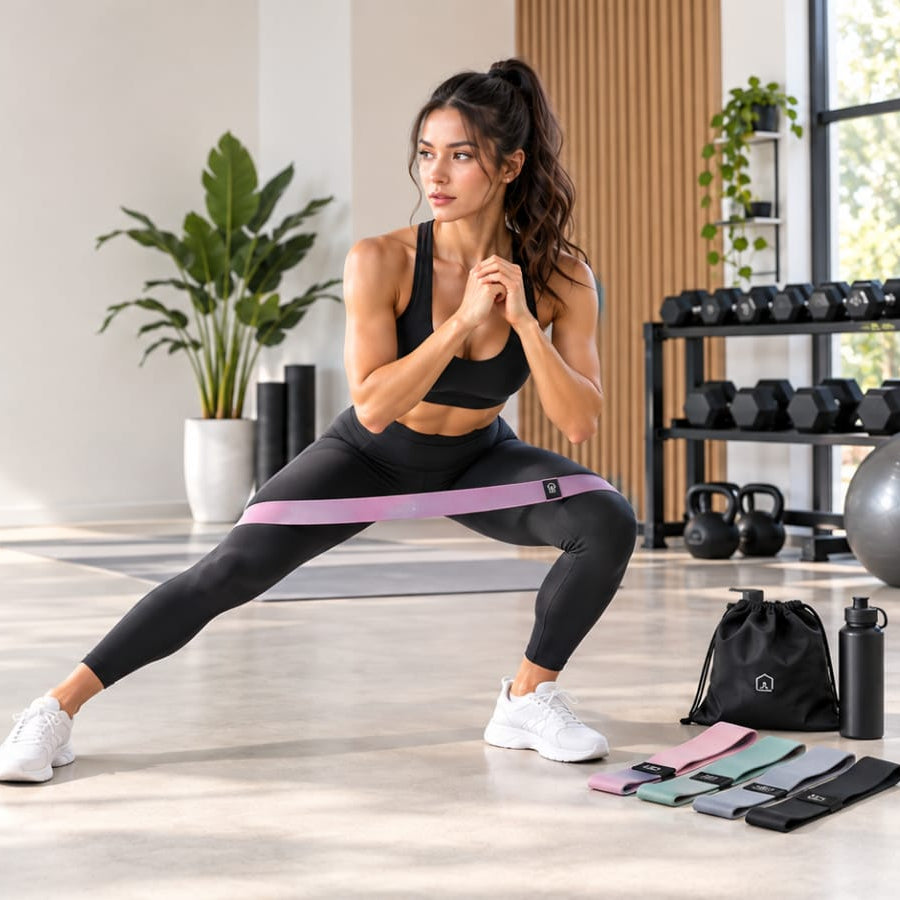 A woman in a black sports bra and leggings does a lunge exercise in a bright, modern gym while wearing a purple resistance band around her legs. A black drawstring bag and a set of colorful resistance bands are on the floor beside her.