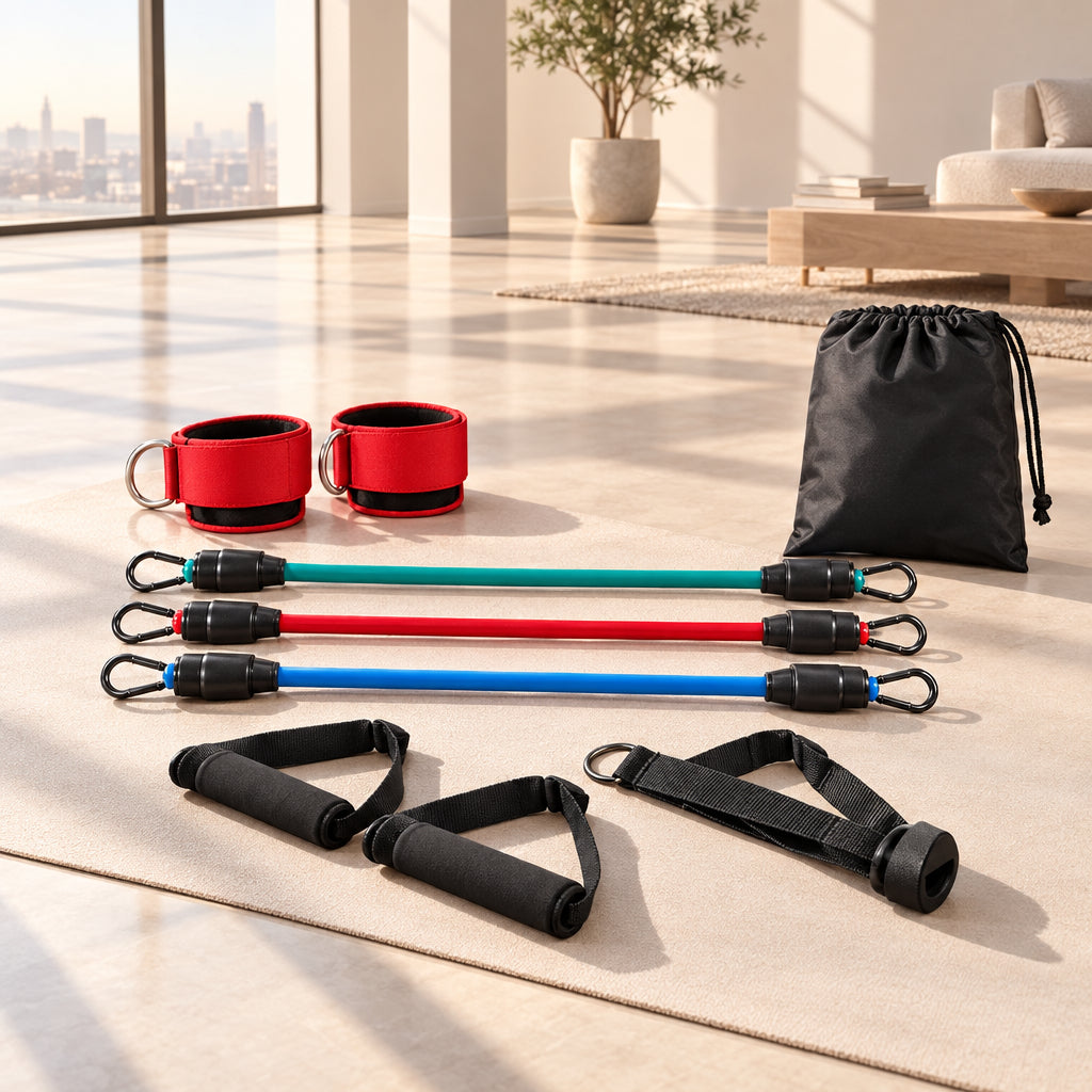 Three-panel collage showing a woman exercising with red resistance bands around her legs, alongside the included resistance bands, handles, straps, and black carrying bag on a light indoor background.