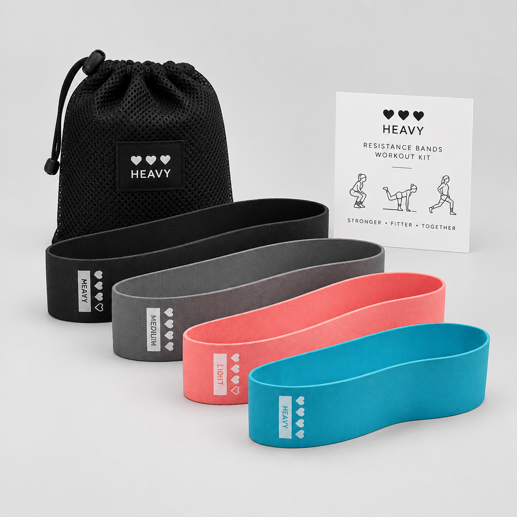 Blue resistance band labeled 'Heavy' on a white background