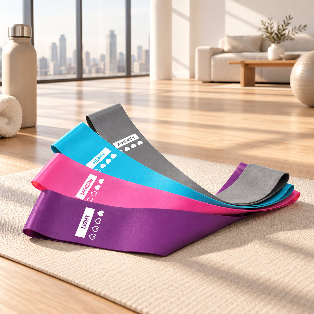 Set of resistance bands in purple, pink, and gray on a white background
