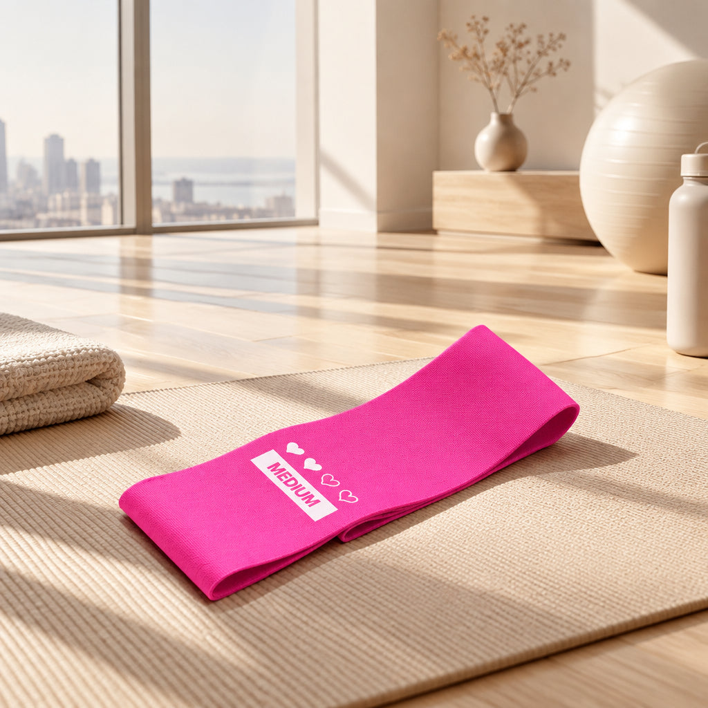 Pink resistance band with a label on a white background