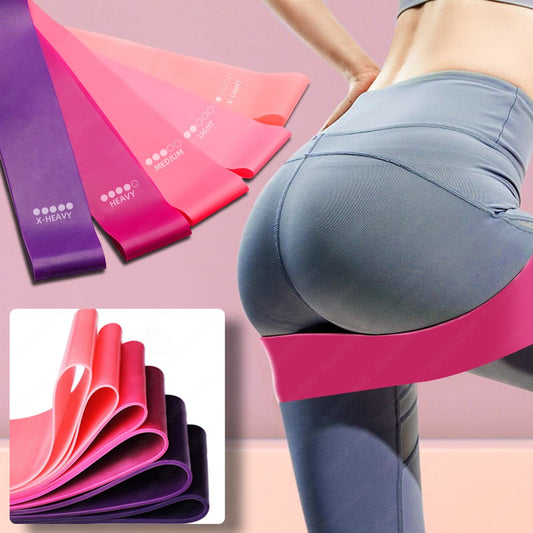 Resistance bands in purple, pink, and red shown alongside a model wearing gray leggings with a pink band around the hip, plus a folded product inset showing the bands.