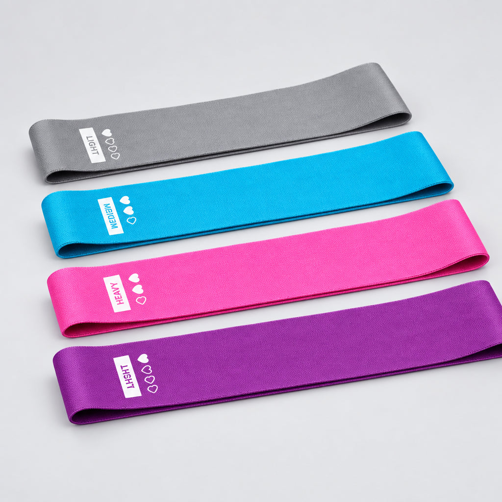 Colorful resistance bands with a parameter table showing dimensions and colors on a white background.